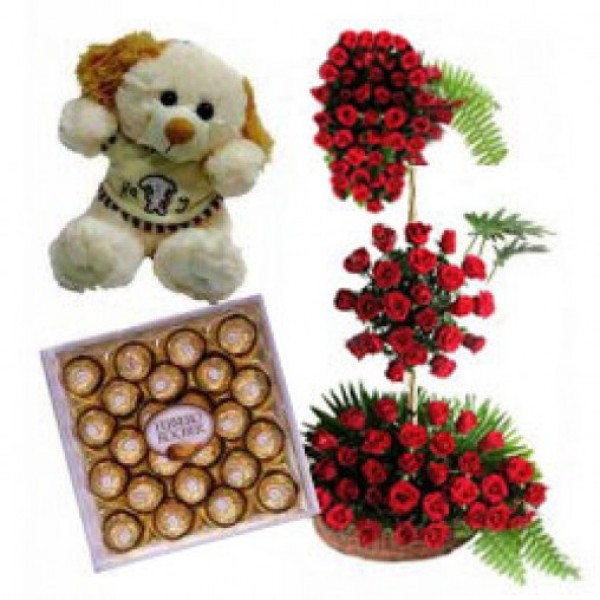  4 Feet Tall Arrangement made of 100 Fresh Red Roses with 24 Pcs Ferrero Rocher Chocolate and Teddy Bear (12 inches)